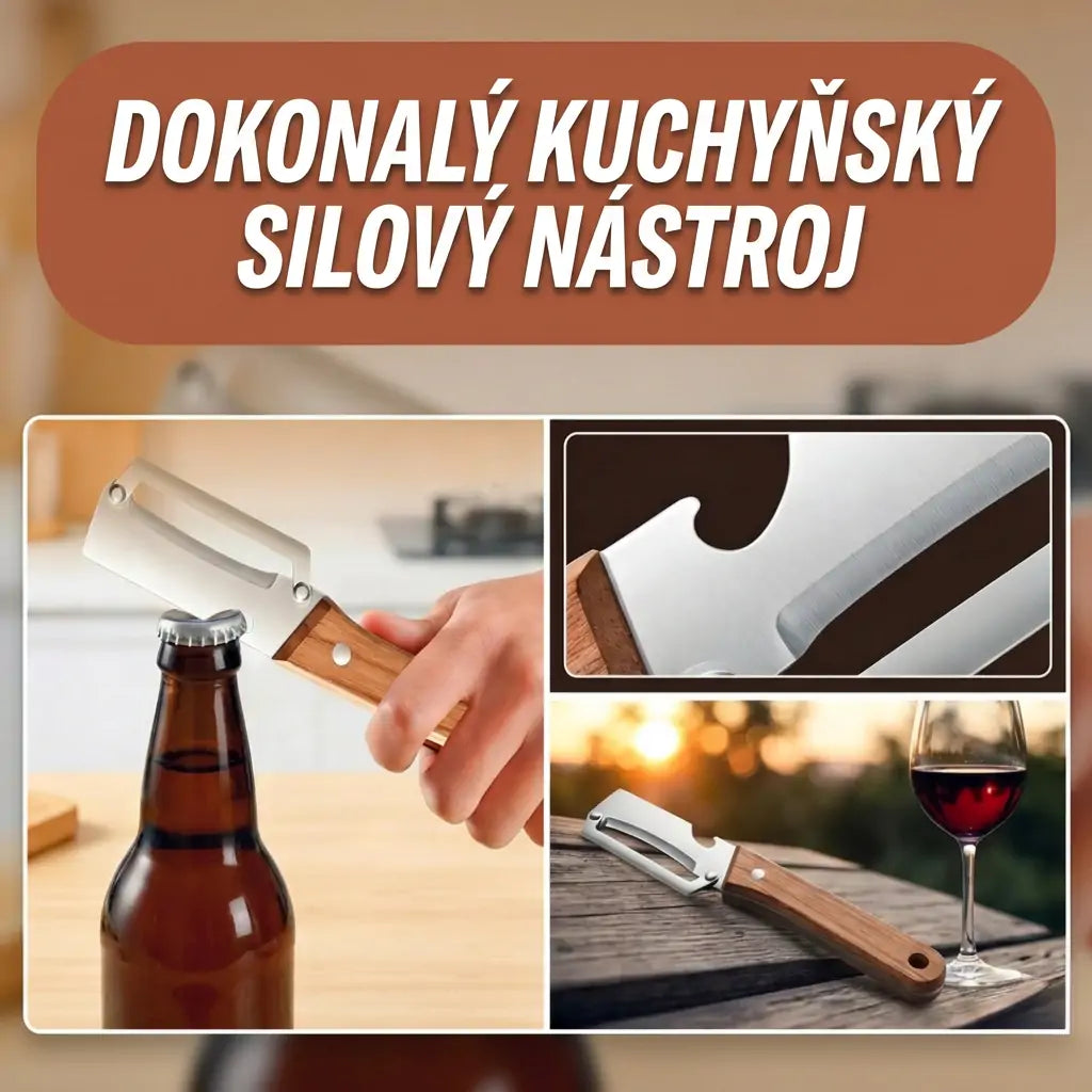 Škrabka na zeleninu 2 v 1 z nerezové oceli s dřevěnou rukojetí a otvírákem na lahve
