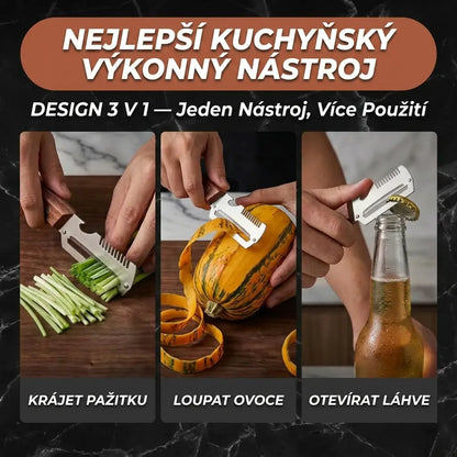 Škrabka na zeleninu 2 v 1 z nerezové oceli s dřevěnou rukojetí a otvírákem na lahve